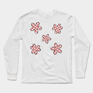 Abstract Checkerboard Flowers - Coral Pink with black outline Long Sleeve T-Shirt